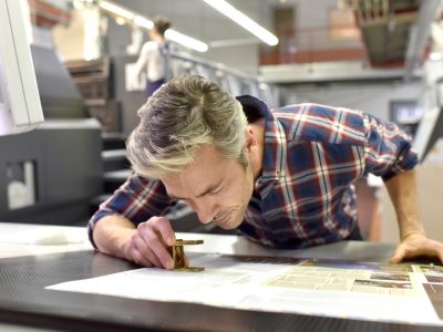 man inspecting prints
